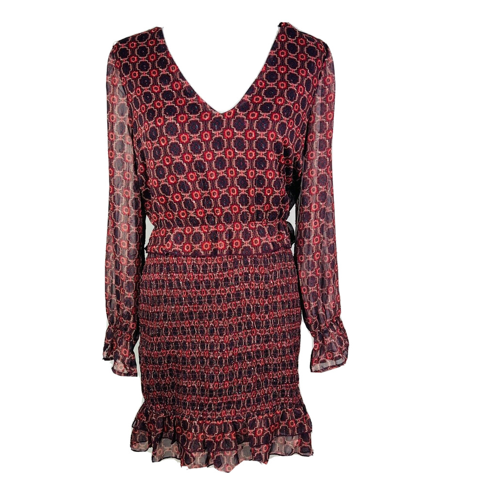 Lulu's‎ NWT Aleenah Burgundy Multi Print Long Sleeve Smocked Dress Size M
